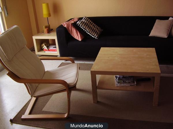 Sofá, sillón, mesa, librería, colchón
