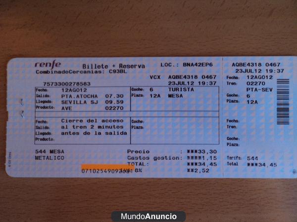 Billete Madrid - Sevilla 12-08-2012