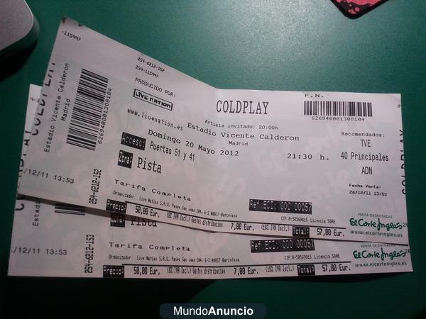 COLDPLAY 20 MAYO. VENDO 2 ENTRADAS!!