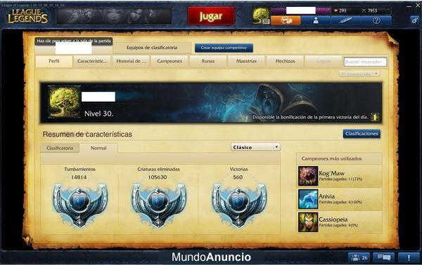 Cuenta League of Legends lvl 30(67 skins , 80 personajes y 9 páginas de runas)