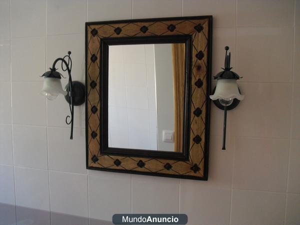 espejo rustico cuarto de baño con 2 focos forja