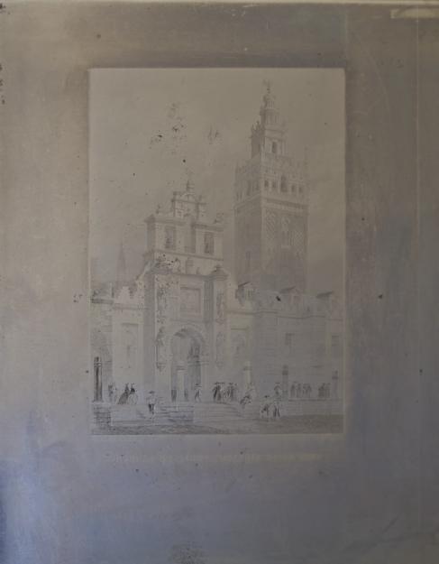 Plancha de acero del grabado La Giralda, Catedral y Puerta del Perdón Sevilla, Rouargue s.