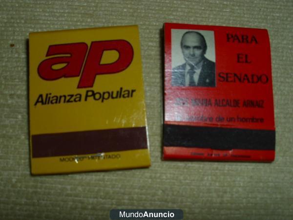 Vendo cajas de cerillas Politicas: de Alianza Popular, Senador y Unión de Centro Democratico, con todos sus fosforos