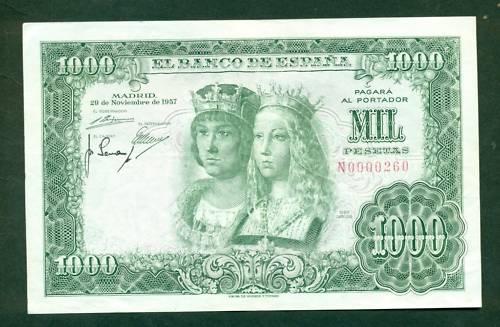 Billete de 1000 ptas de 1957 número curioso 0000260