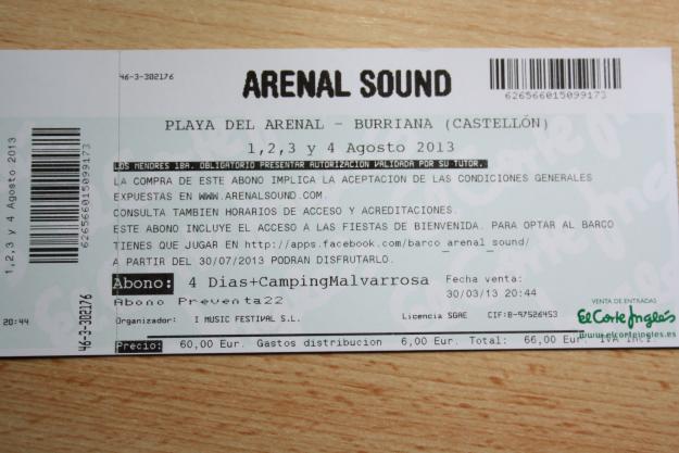 Entrada arenalsound 2013+malvarrosa 50€