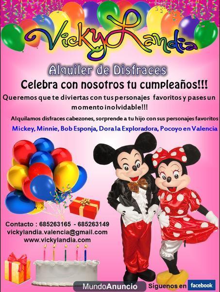 Alquiler disfraz mickey mouse bob esponja cabezon en Valencia para fiestas infantiles