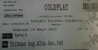 VENDO 2 ENTRADAS COLDPLAY MAYO 2012 EN MADRID