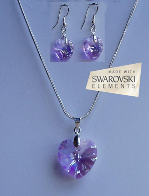 Conjunto corazon de pendientes y colgante de plata y swarovski color violet ab