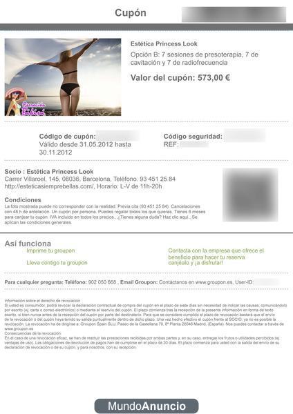 Vendo cupon Groupon 7 sesiones presoterapia, cavitacion y radiofrecuencia