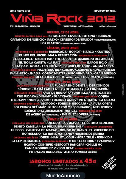 ÚLTIMOS DÍAS 2 ENTRADAS PARA EL VIÑA ROCK 2012
