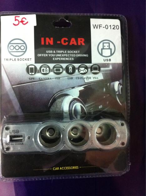Adaptador mechero coche x3 y USB
