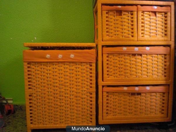 vendo conjunto de mueble de mimbre+cofre juguetes+4cestas cuadradas a juego