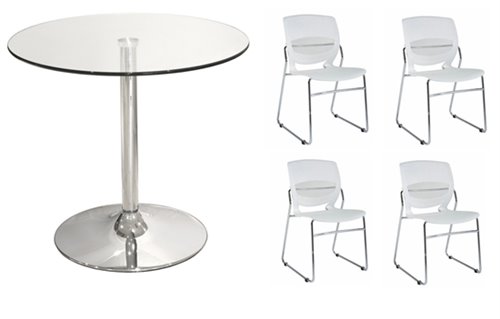 CONJUNTO KOS 01, mesa de diseño, cristal y 4 sillas CAROL