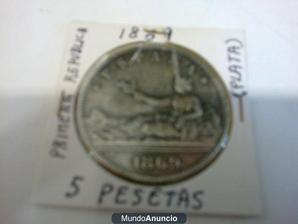 vendo moneda de 5 pesetas de plata año 1869