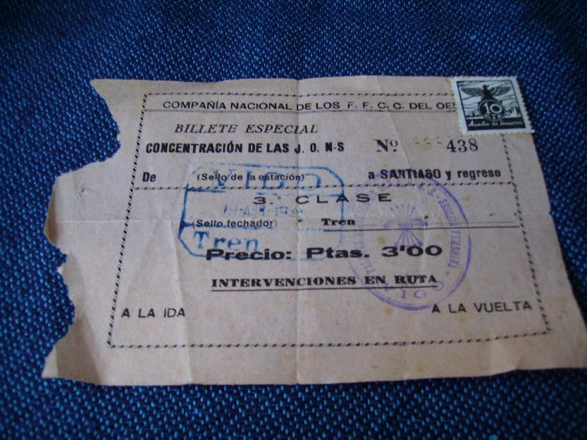 Billete Especial de tren Concentración de la J.O.N.S.  1938