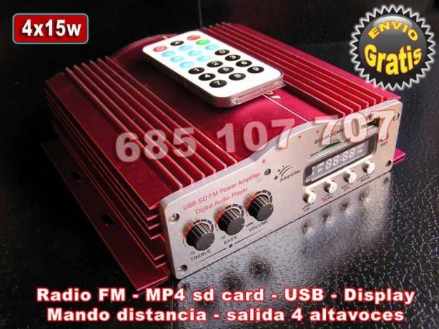 Mini amplificador moto coche 4 canales 4 x 15 vatios radio FM - MP3