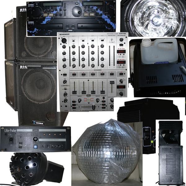 Equipo profesional, mezclador, altavoces, luces