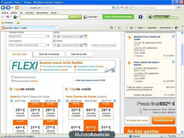 VENDO 4 BILLETES AVION MADRID PARIS 28/09/12 AL 30/09/12