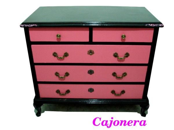 Cajonera Rococó Negra/Rosa Kitsch y mesita de noche (Gracia)