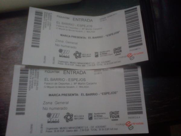 Vendo 2 entradas (29€ cada una) para el concierto del barrio en Málaga