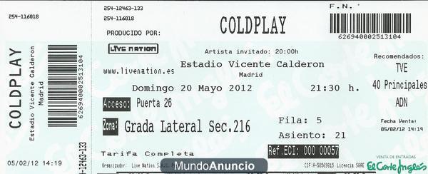 entradas concierto Coldplay Madrid 20 mayo 2012