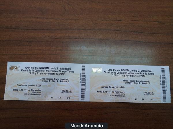 Entradas tribuna boxes para Gp. Cheste 9,10,11 Noviembre
