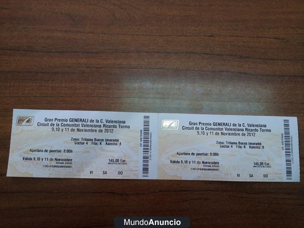 Entradas tribuna boxes para Gp. Cheste 9,10,11 Noviembre