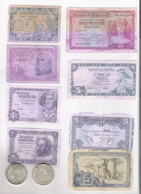 Vendo billetes de 1, cinco, y diez pesetas entre los años 1935 a 1953  y otros