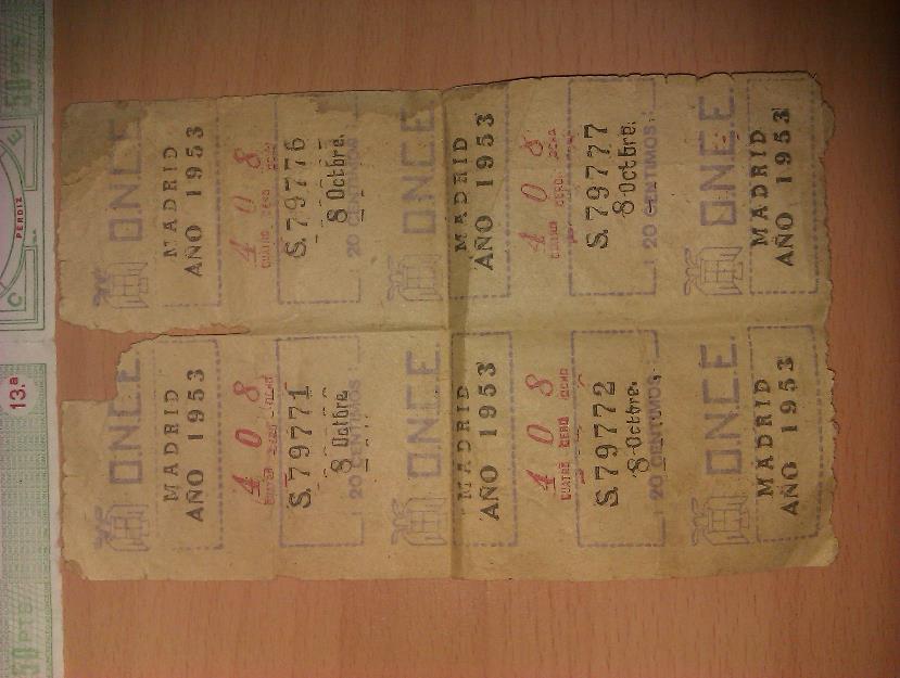 Cupones de la loteria de la once año 1954, cuando costavan 20 centimos de pesetas.