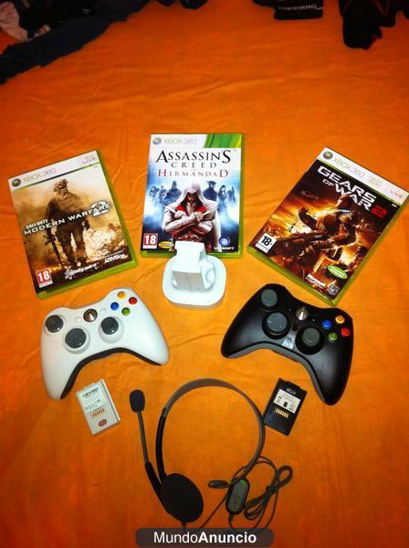 3 JUEGOS DE XBOX 360 + 2 MANDOS + 2 BATERIAS + CARGADOR + AURICULARES.