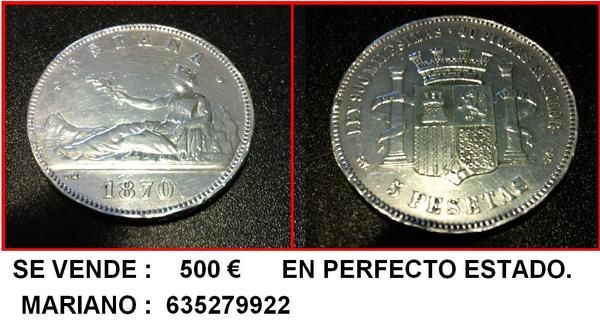 MONEDA  1870 ESPAÑA - 5 PESETAS - PLATA LEY 900 MILESIMAS - 40 PIEZAS EN KILOG. - LM -