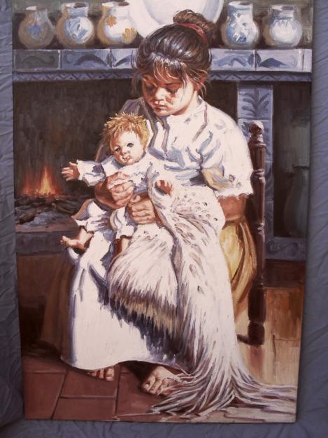 Oleo sobre lienzo (sin marco) Escena de niña y muñeco