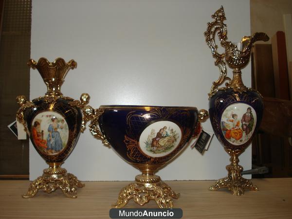 jarones de bronce y porcelana pintado a mano