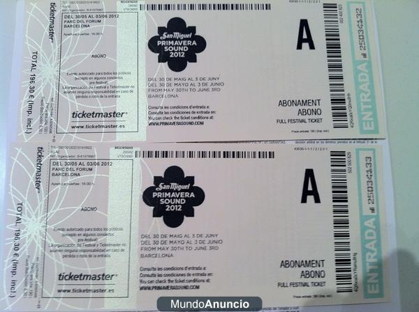 2 ENTRADAS PRIMAVERA SOUND 2012