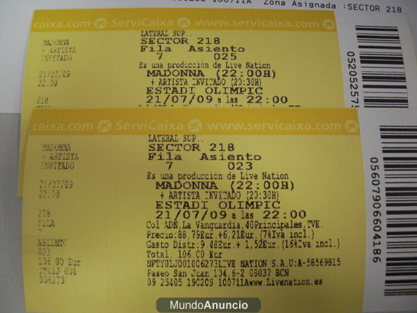 Vendo sobre y regalo dos entradas en grada para concierto de Madonna