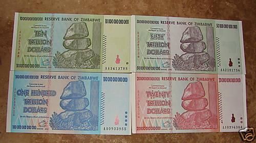 100 - 50 - 20 - 10 billones de dolares en billetes de Zimbabwe