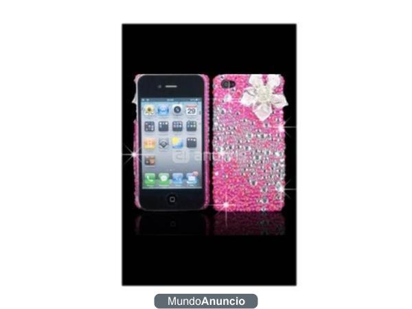 CARCASA ROSA CON FLOR Y BRILLANTES PARA IPHONE 4