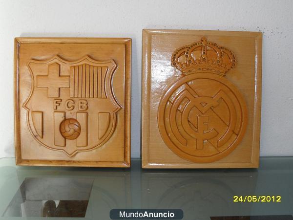 escudo del barça y del real madrid tallado a mano