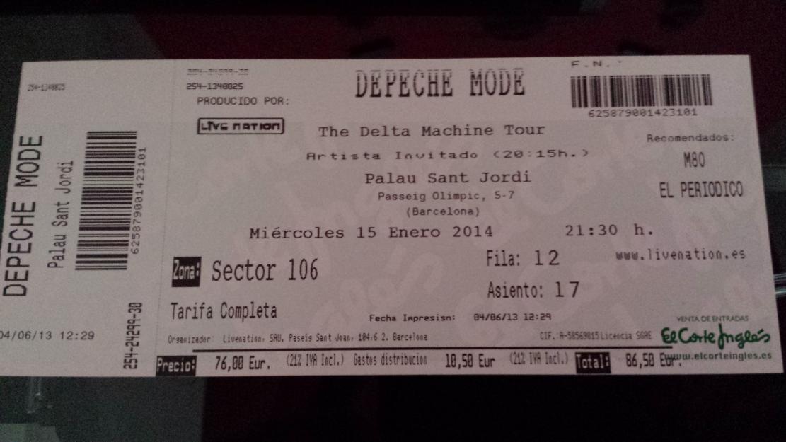 Entrada Depeche Mode Bcna. 15/1/2014 muy buena ubicacion!Buen precio!