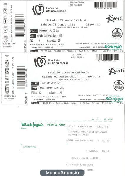 2 Entradas Concierto Cadena 100 Aniversario