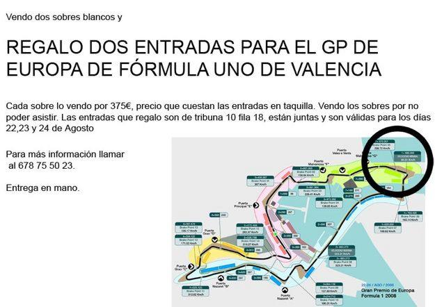 2 Entradas GP Europa Formula 1 Valencia T10