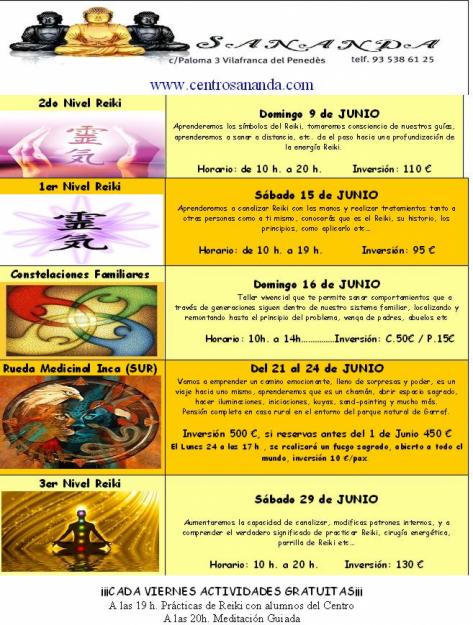 Actividades Junio, Reiki Constelaciones Yoga Rueda Medicinal