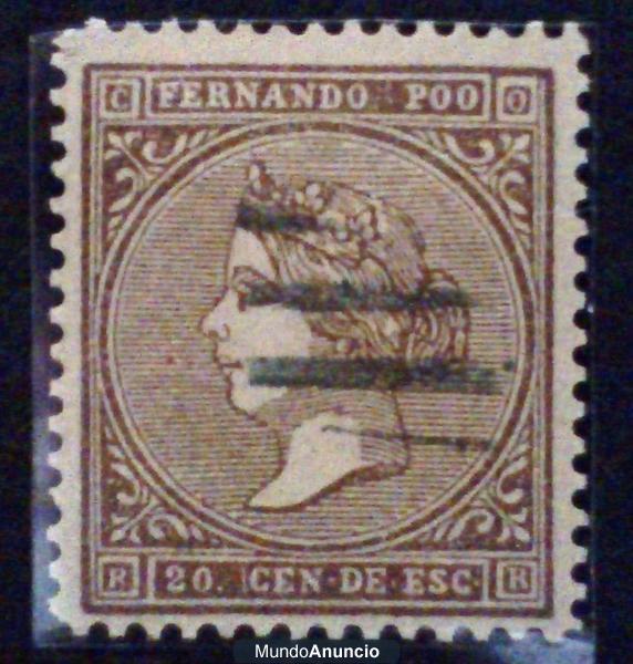 SELLO FERNANDO POO. PRIMERA EMISIÓN. ISABEL II 1868. 20c de escudo