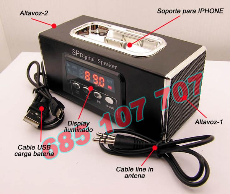 Altavoz amplificador MP3, USB, MicroSD, Radio, soporte Iphone