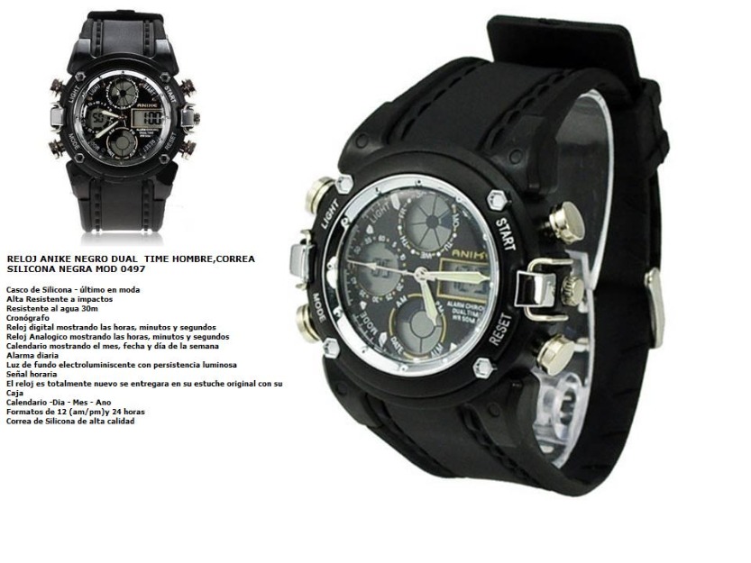 Reloj anike negro dual  time hombre,correa silicona negra mod 0497