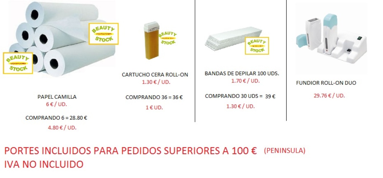 Oferta en productos de estética, cartuchos de cera, papel de camilla, etc