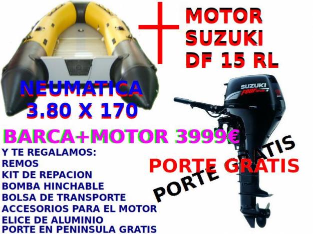 BARCA NEUMATICA 3.80 con suelo de aluminio, + MOTOR DF15RL 3999€ PORTE GRATIS nuevoOFERTA