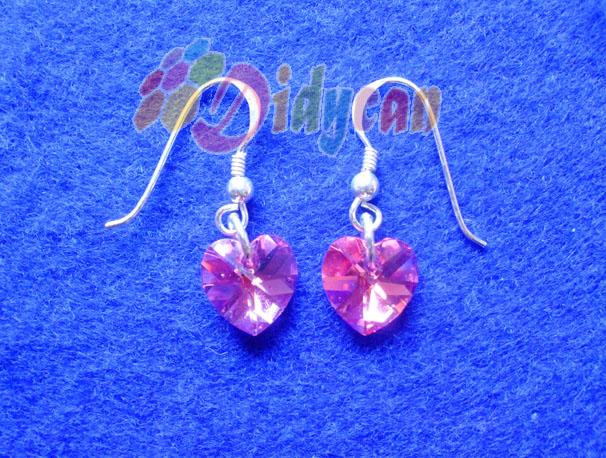 Pendientes corazón rosa de cristal swarovski y plata de 1ªley