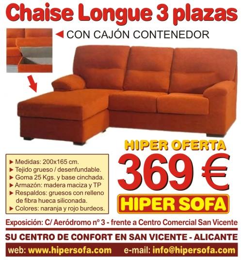 Sofá Chaise Longue 3 plazas con cajón contenedor - Hipersofa