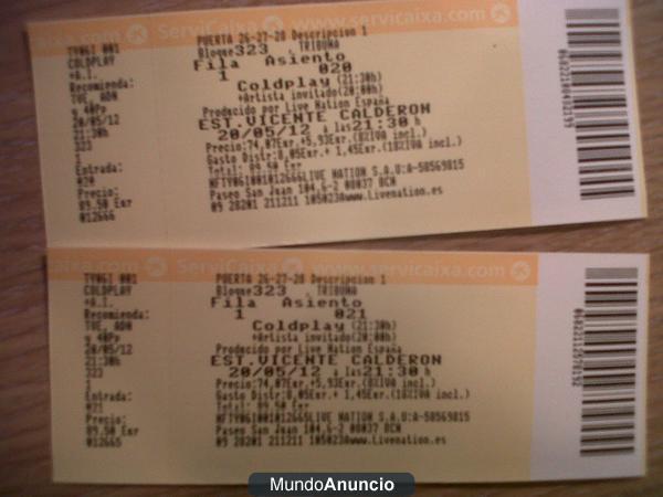 vendo sobre y de regalo dos entradas para el concierto de COLDPLAY del 20 de Mayo en MADRID